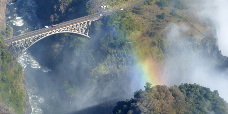 Bridge and rainbow from the air
